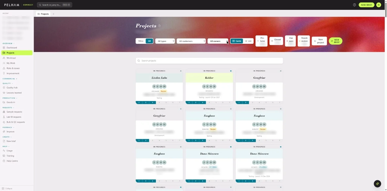 Pelham Connect projects view: live projects as cards, each showing status, owners and stage progress