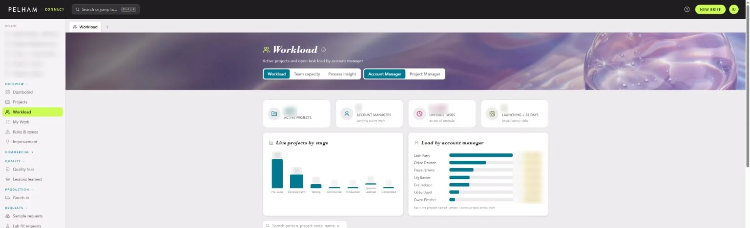 Pelham Connect workload view: live projects by stage and load by account manager